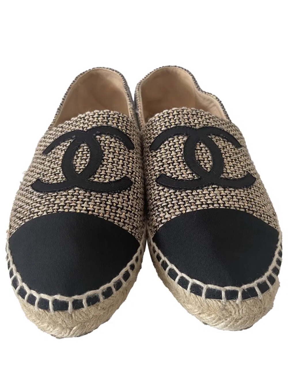 CHANEL Black/Gold Tweed Espadrille Flats Interlocking CC 39 (8.5) Box & COA